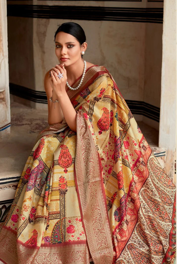 Flesh Yellow  Dola Handloom Silk Saree – A Statement of Class & Tradition