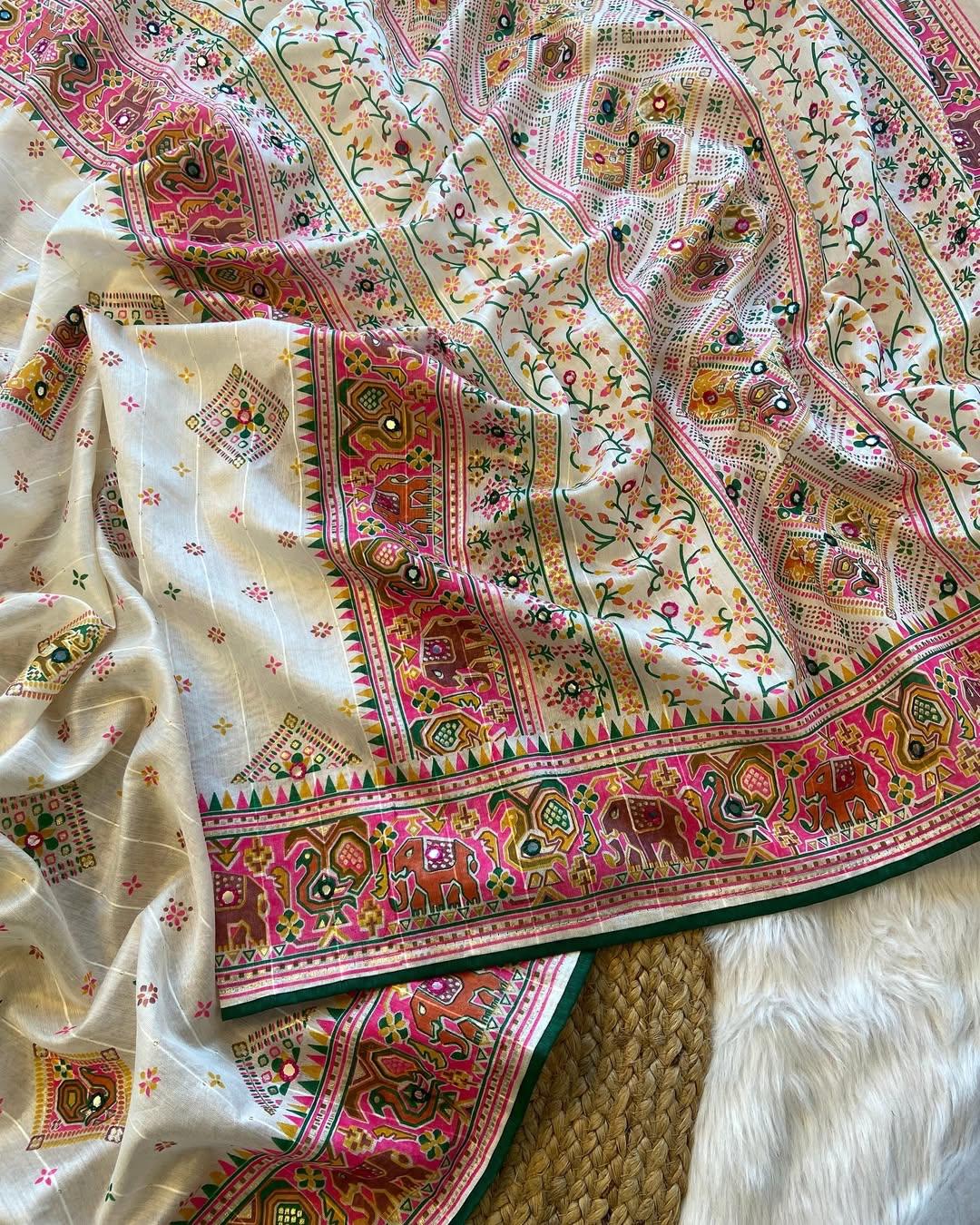 Royal Rajwadi Style Patola Print Soft Silk Saree with Mirror Work & Lagdi Patta