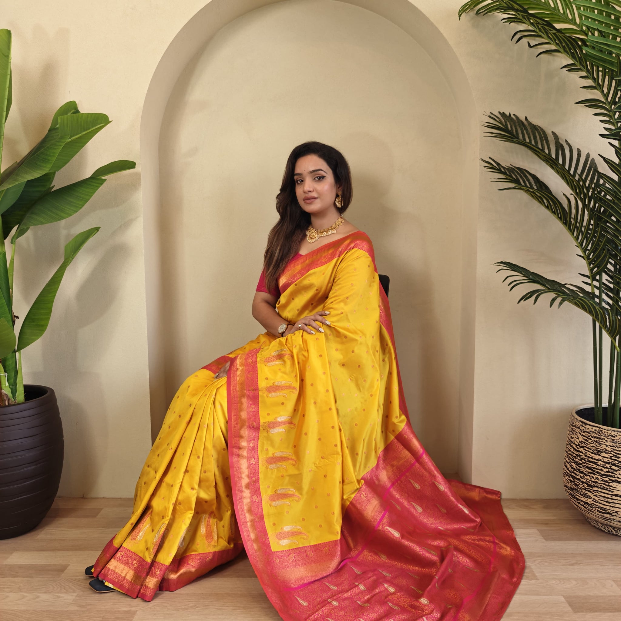 Tanya Yellow Royal Paithani Silk Saree with Kanchipuram Touch & Contrast Blouse