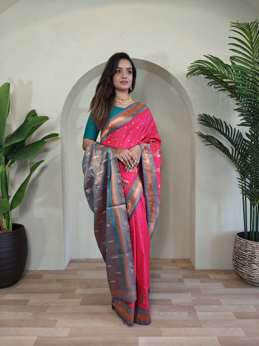 Tanya Pink Royal Paithani Silk Saree with Kanchipuram Touch & Contrast Blouse