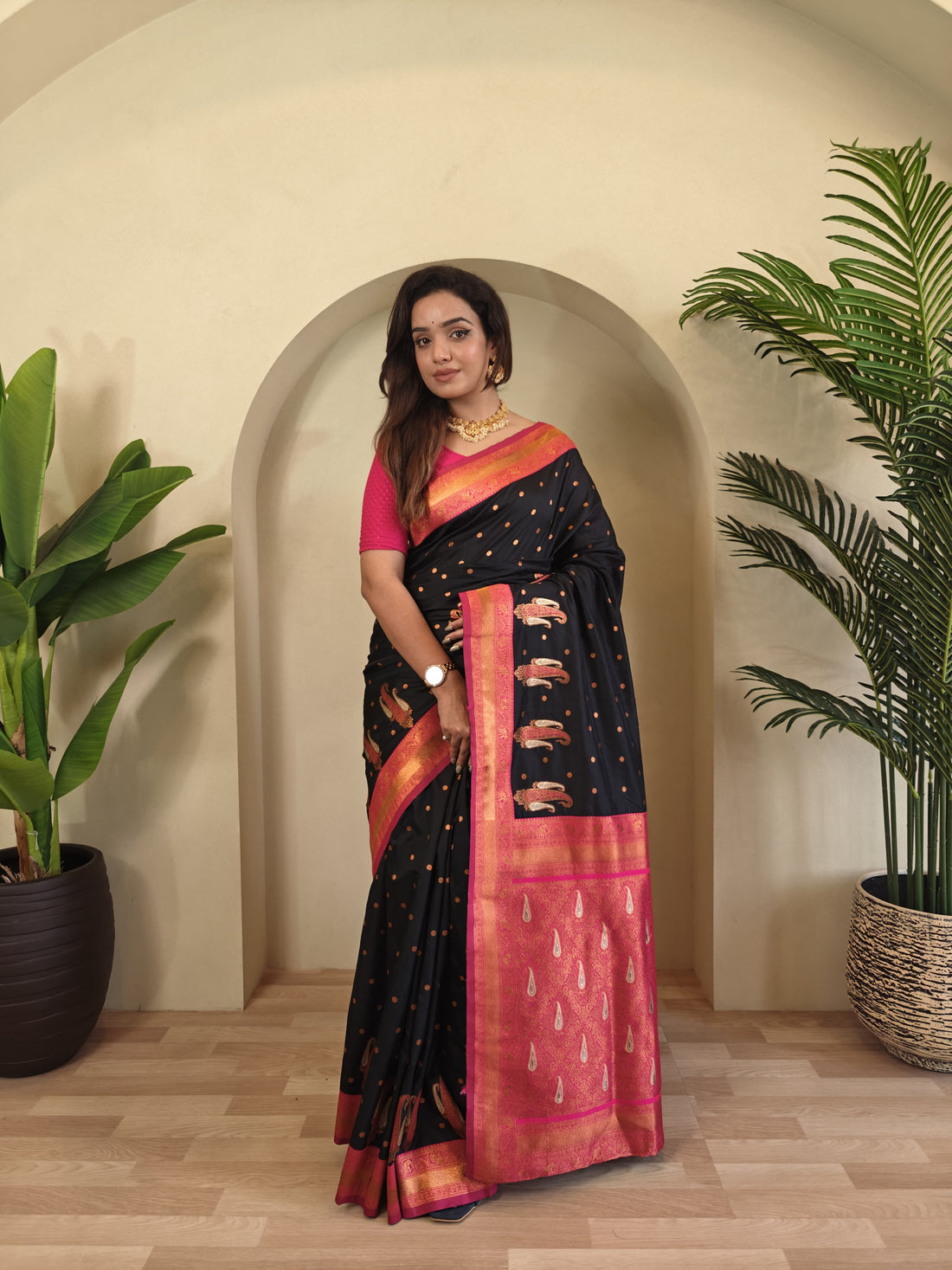 Tanya Black Royal Paithani Silk Saree with Kanchipuram Touch & Contrast Blouse
