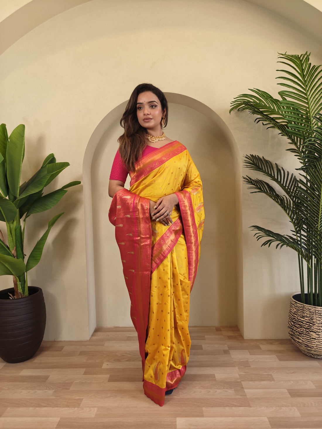 Tanya Yellow Royal Paithani Silk Saree with Kanchipuram Touch & Contrast Blouse