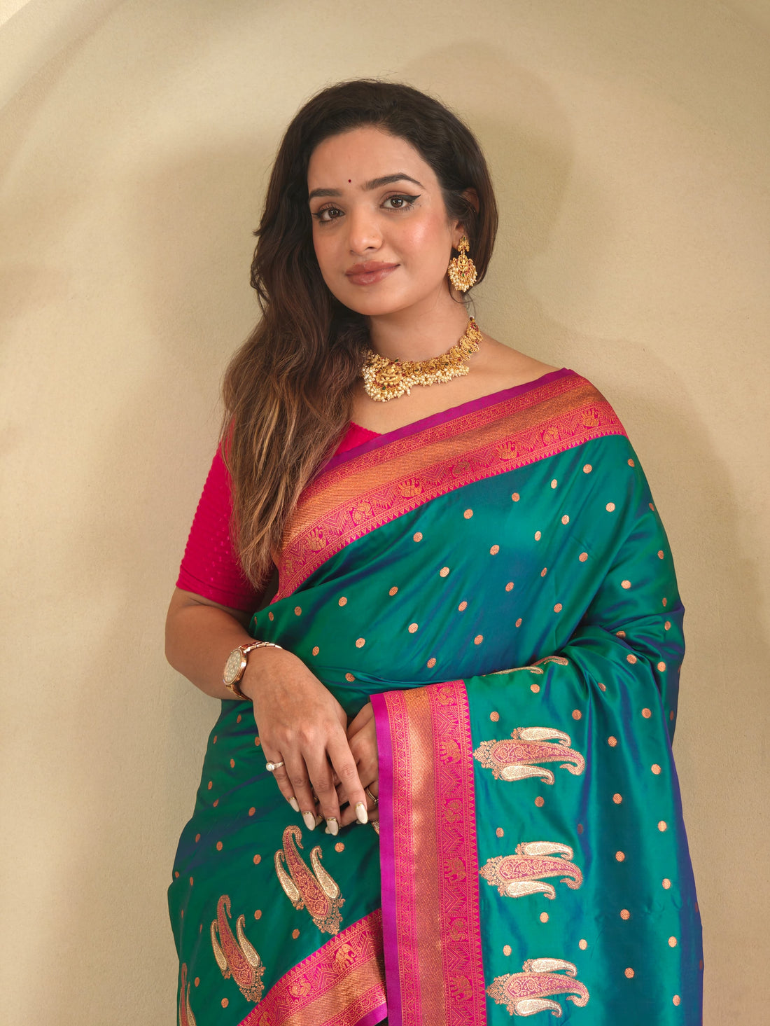 Tanya Blue Royal Paithani Silk Saree with Kanchipuram Touch & Contrast Blouse
