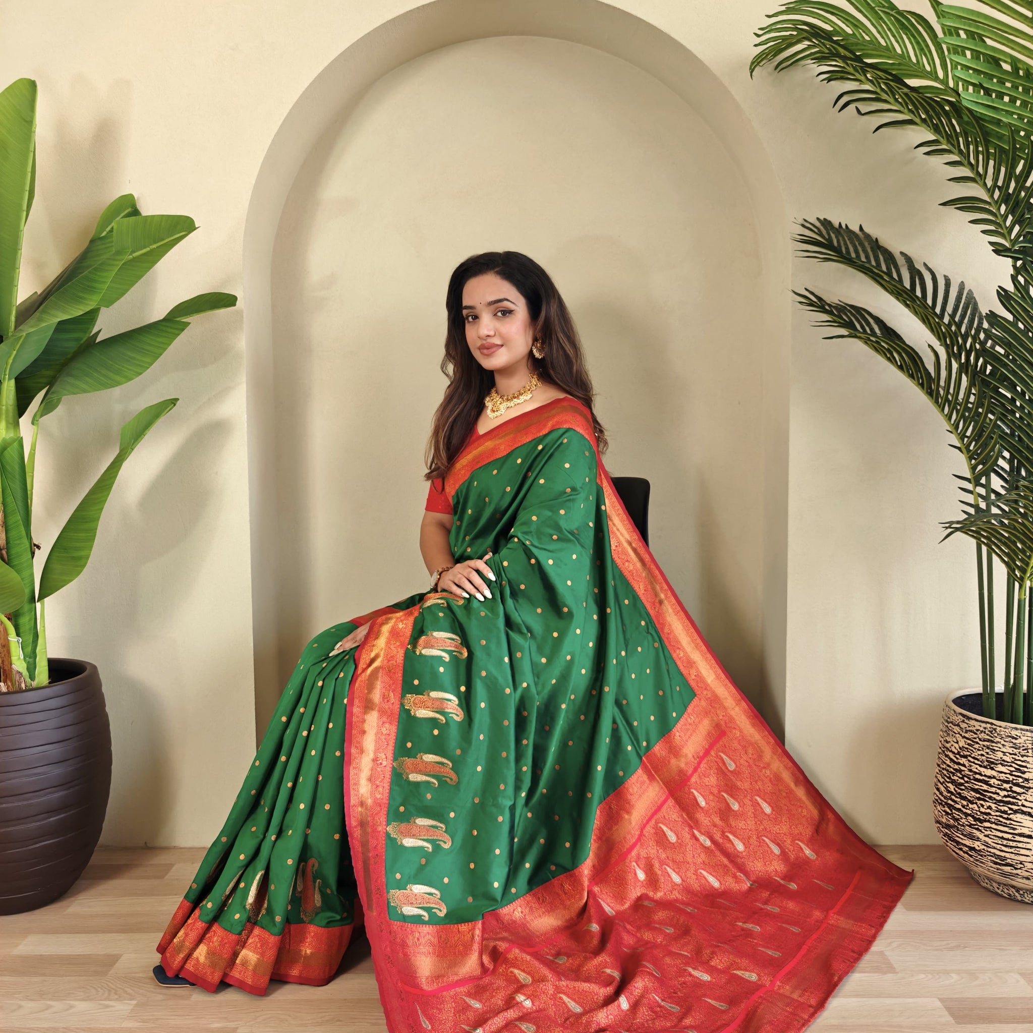Tanya Green Royal Paithani Silk Saree with Kanchipuram Touch & Contrast Blouse