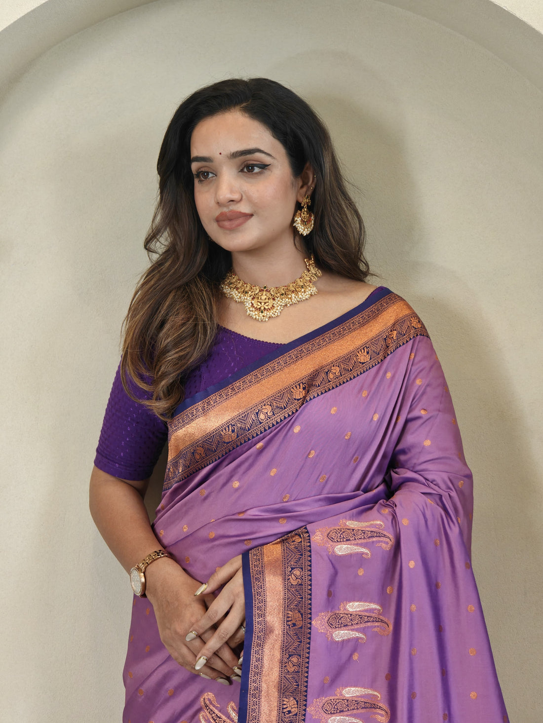 Tanya Lavender Royal Paithani Silk Saree with Kanchipuram Touch & Contrast Blouse