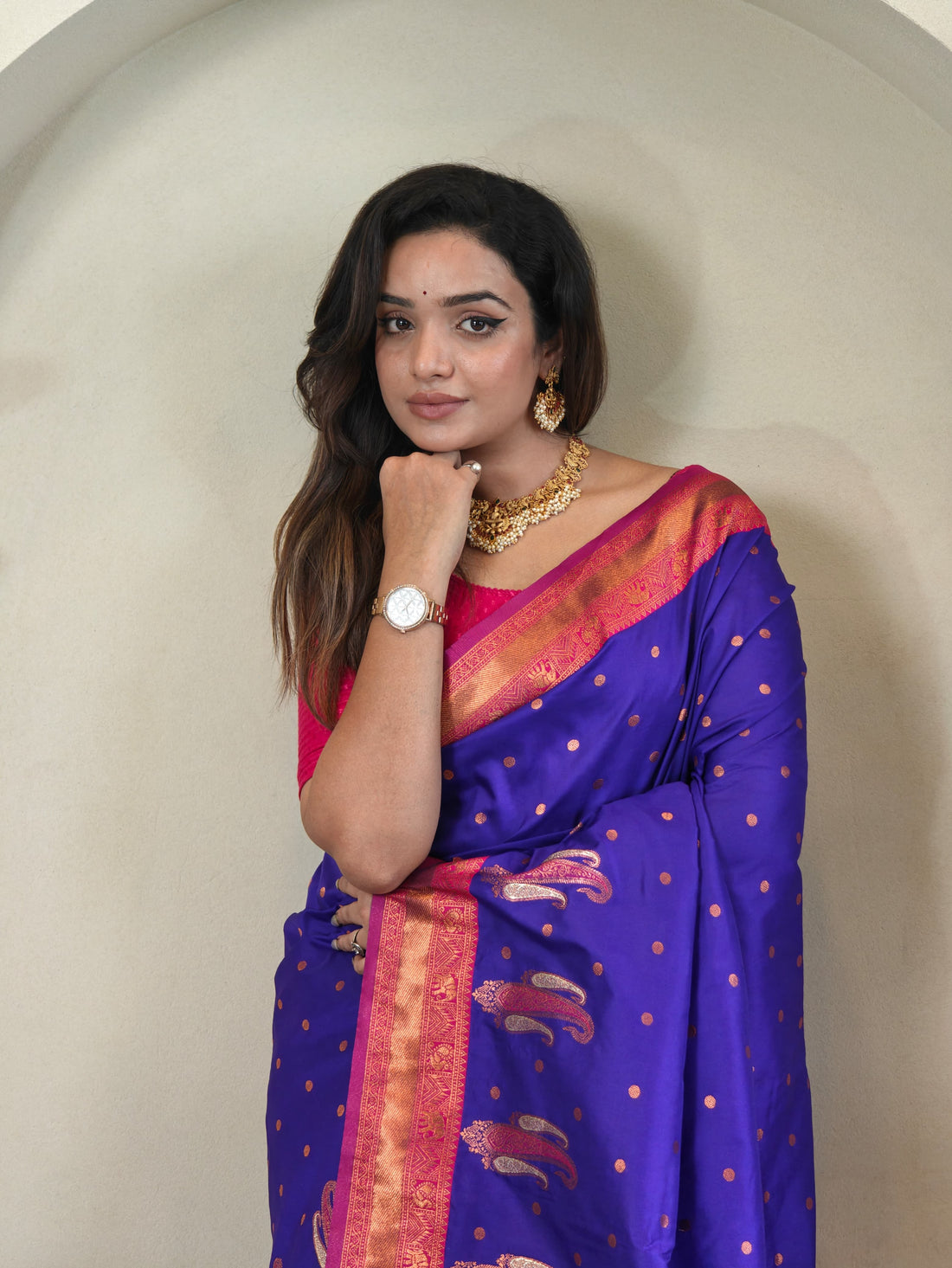 Tanya Royal Paithani Silk Saree with Kanchipuram Touch & Contrast Blouse