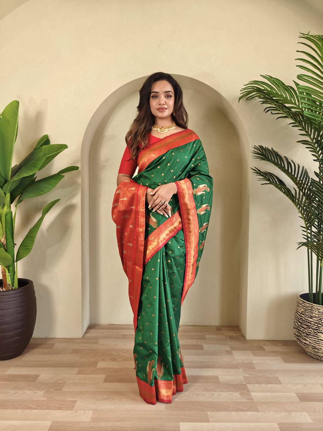 Tanya Green Royal Paithani Silk Saree with Kanchipuram Touch & Contrast Blouse