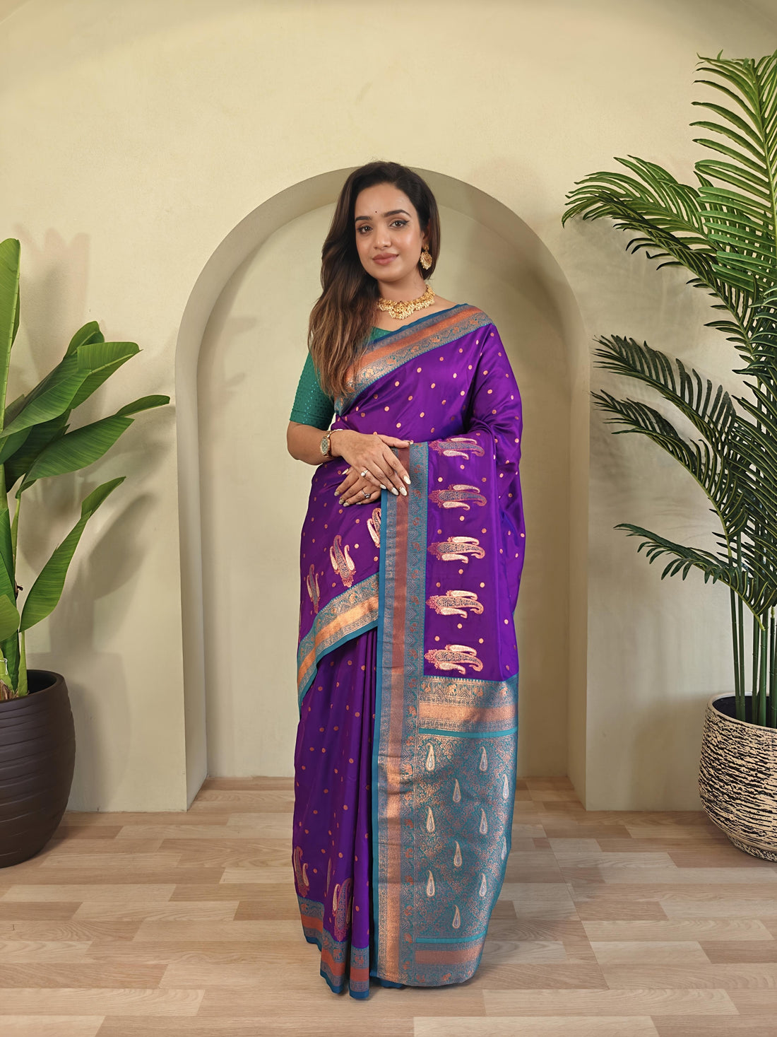Tanya  Royal Paithani Silk Saree with Kanchipuram Touch & Contrast Blouse
