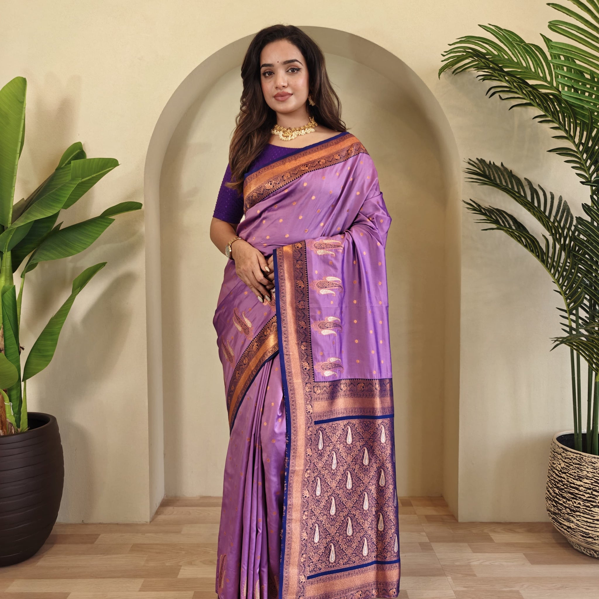 Tanya Lavender Royal Paithani Silk Saree with Kanchipuram Touch & Contrast Blouse