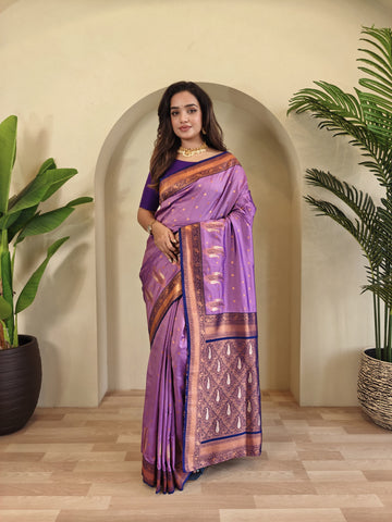 Tanya Lavender Royal Paithani Silk Saree with Kanchipuram Touch & Contrast Blouse