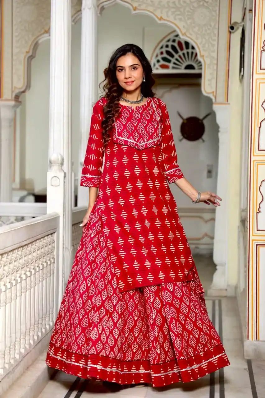 Bagru Hand Block Printed Long Kurta & Skirt Set – Ethnic Charm in Every Thread