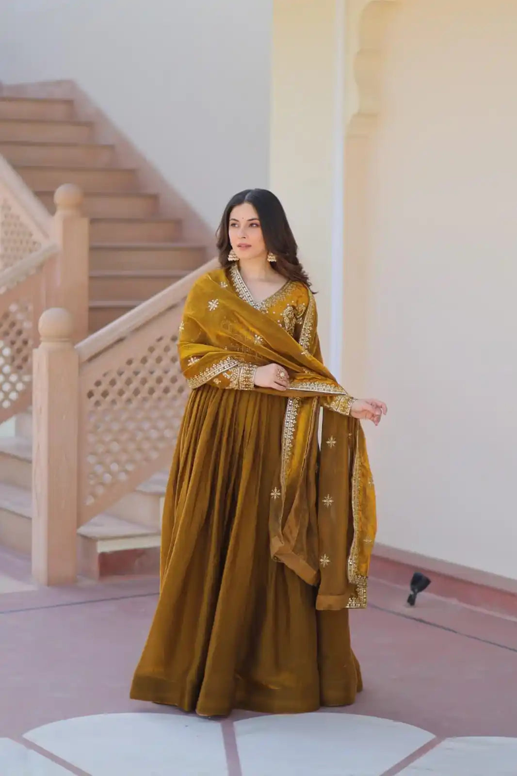 Elegant Zari & Sequins Embroidered Gown with Cutwork Dupatta – Fendy Fabric