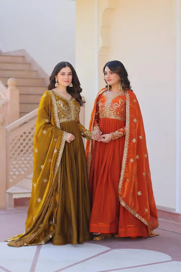 Elegant Zari & Sequins Embroidered Gown with Cutwork Dupatta – Fendy Fabric