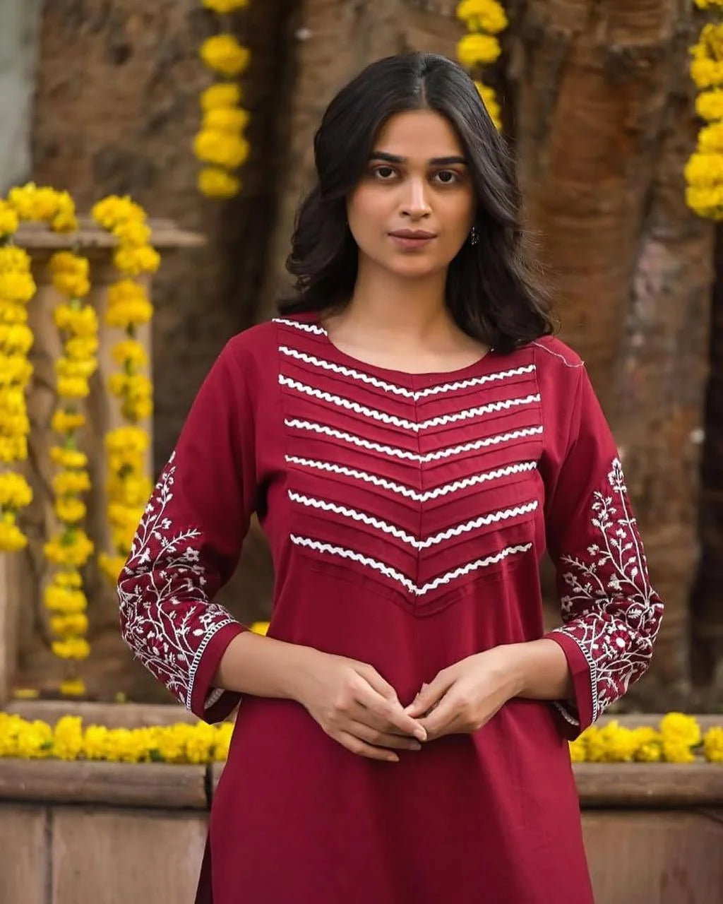 Elegant Maroon Cotton Kurti with Pant Set