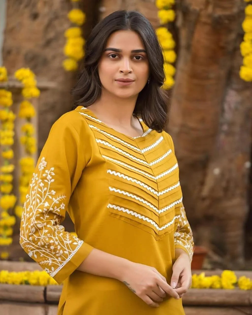 Elegant Yellow Cotton Kurti with Pant Set