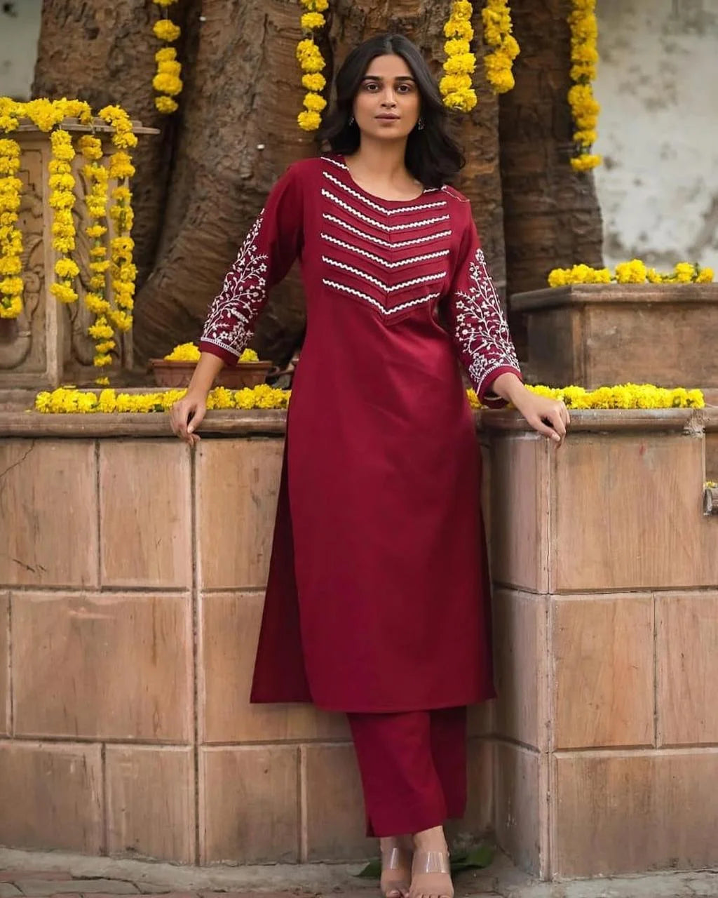 Elegant Maroon Cotton Kurti with Pant Set
