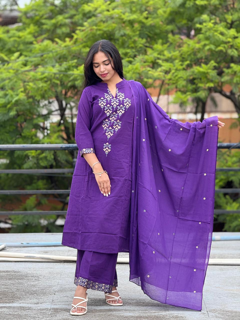 Beautiful Embroidered 3-Piece Cotton Suit Set with Dupatta