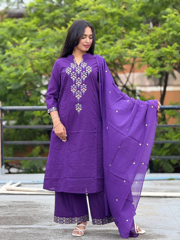 Beautiful Embroidered 3-Piece Cotton Suit Set with Dupatta