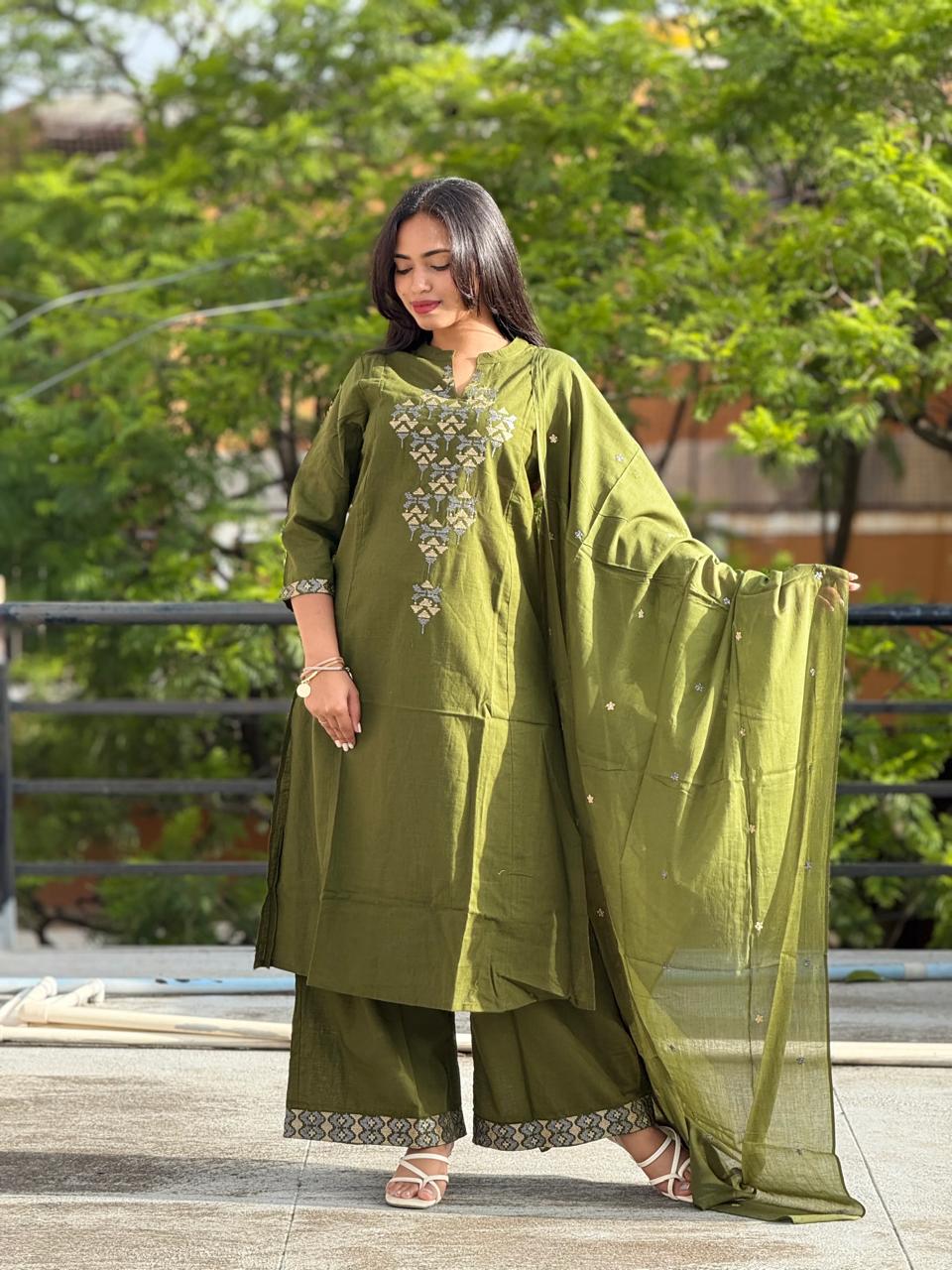 Beautiful Embroidered 3-Piece Cotton Suit Set with Dupatta