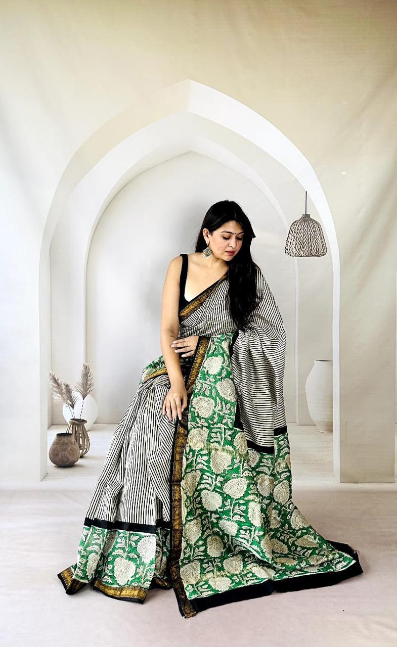 Exclusive Traditional Hand Block Printed Maheshwari Silk Saree with Blouse Piece