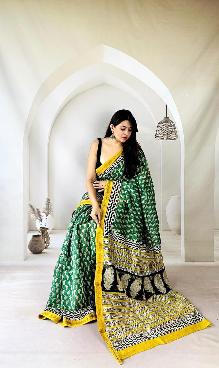 Exclusive Traditional Hand Block Printed Maheshwari Silk Saree with Blouse Piece