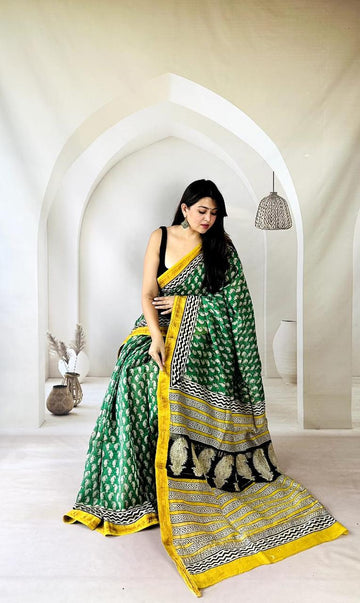 Exclusive Traditional Hand Block Printed Maheshwari Silk Saree with Blouse Piece