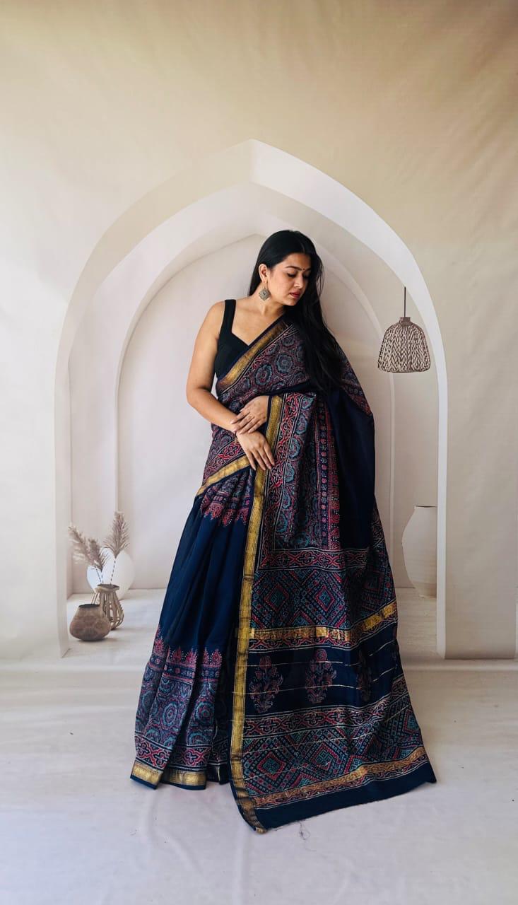 Exclusive Traditional Hand Block Printed Maheshwari Silk Saree with Blouse Piece