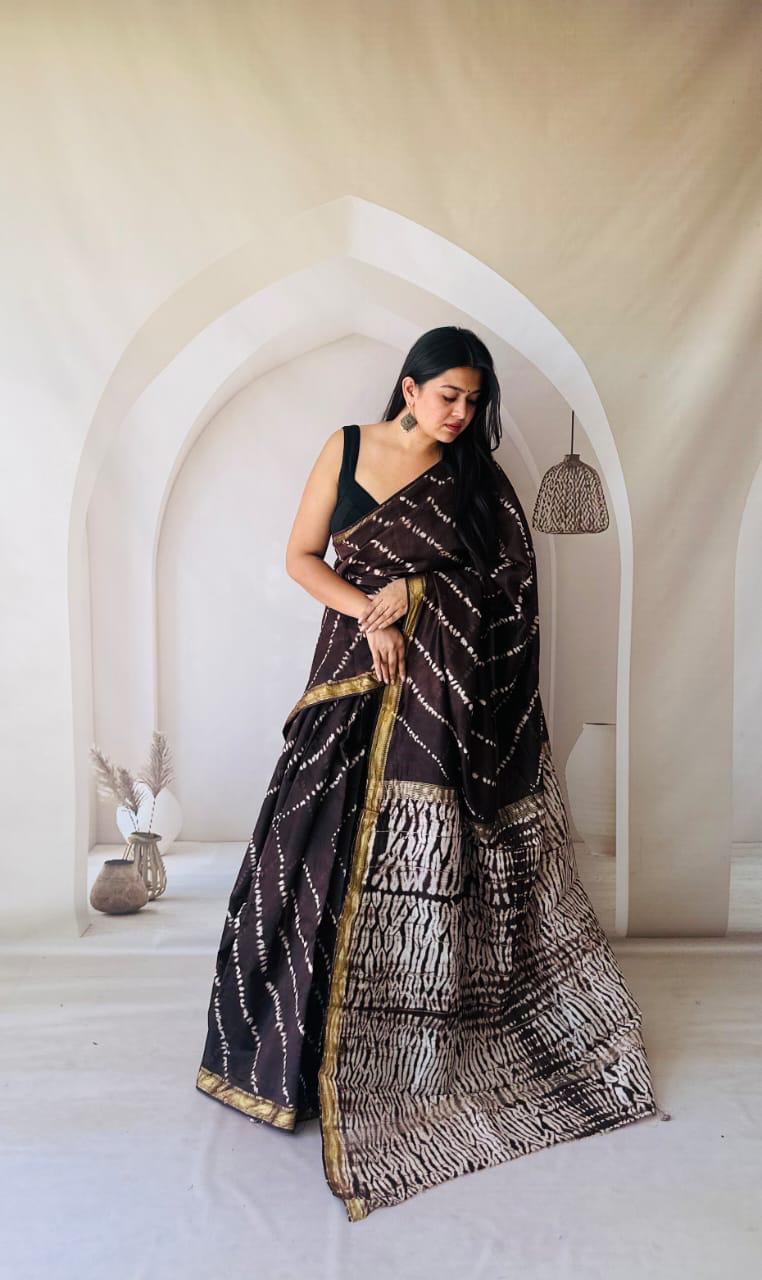 Exclusive Traditional Hand Block Printed Maheshwari Silk Saree with Blouse Piece