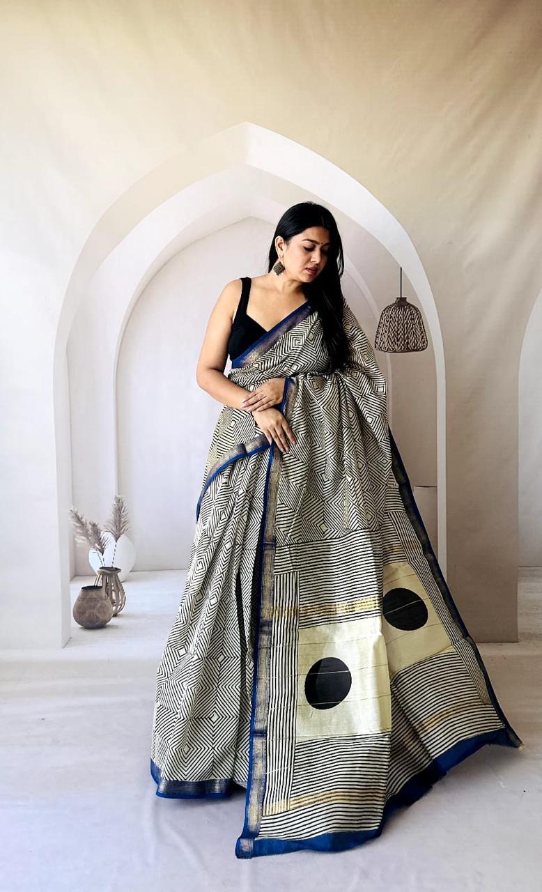 Exclusive Traditional Hand Block Printed Maheshwari Silk Saree with Blouse Piece