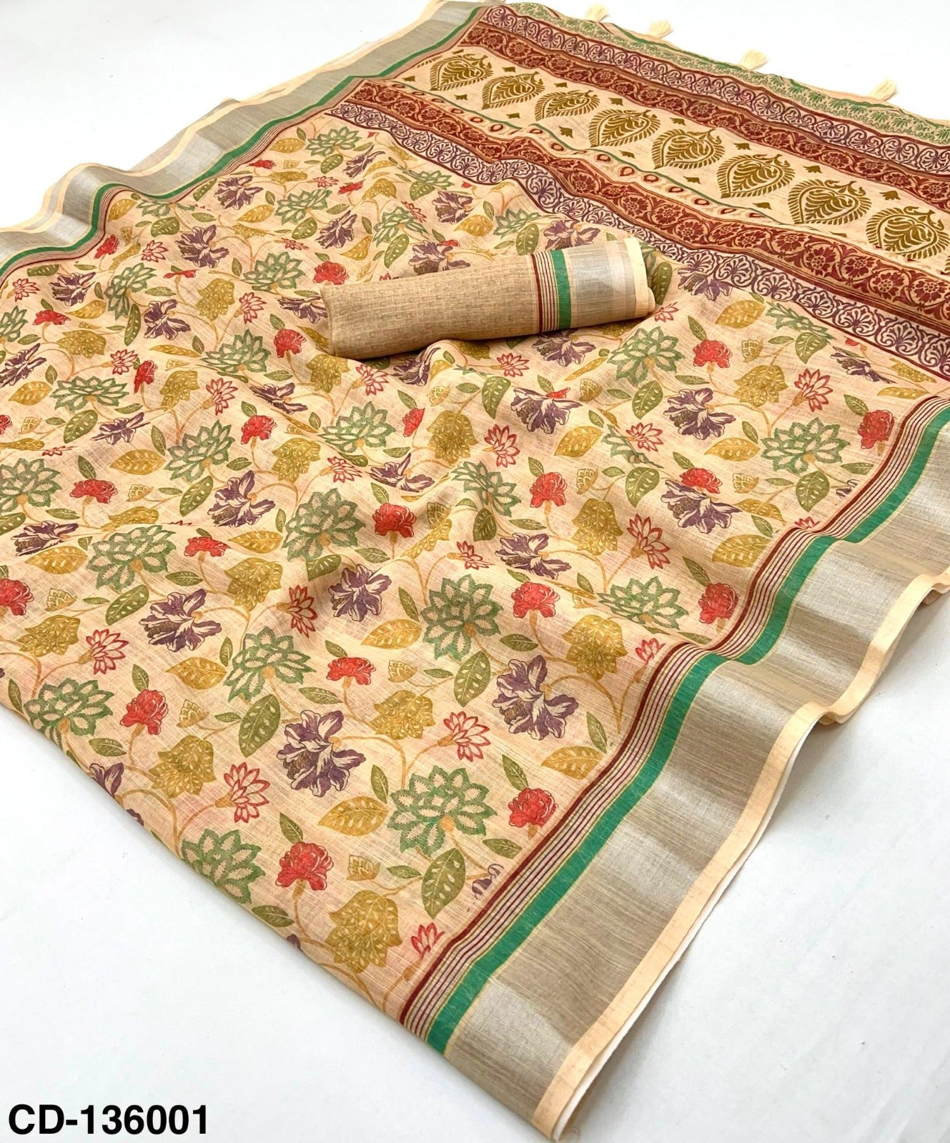 Kazari Series – Beautiful Floral Digital Print Cotton Linen Sarees with Zari Border