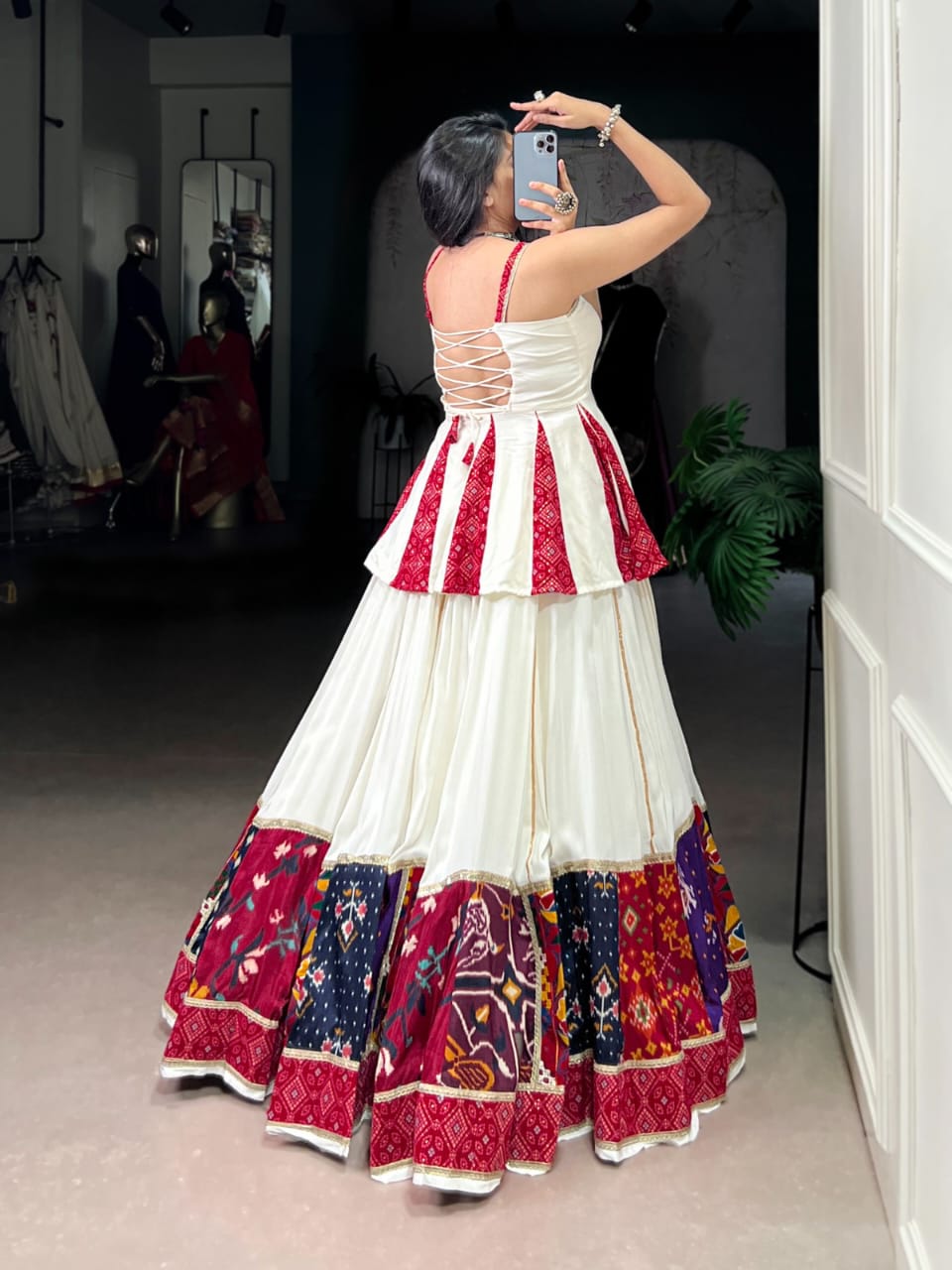Navratri Special White Rayon Lehenga with Multi-Color Patch Work & Bandhani Print Blouse