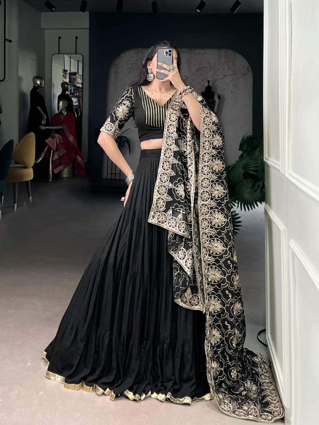 Black Rayon Navratri Lehenga with Golden Embroidery