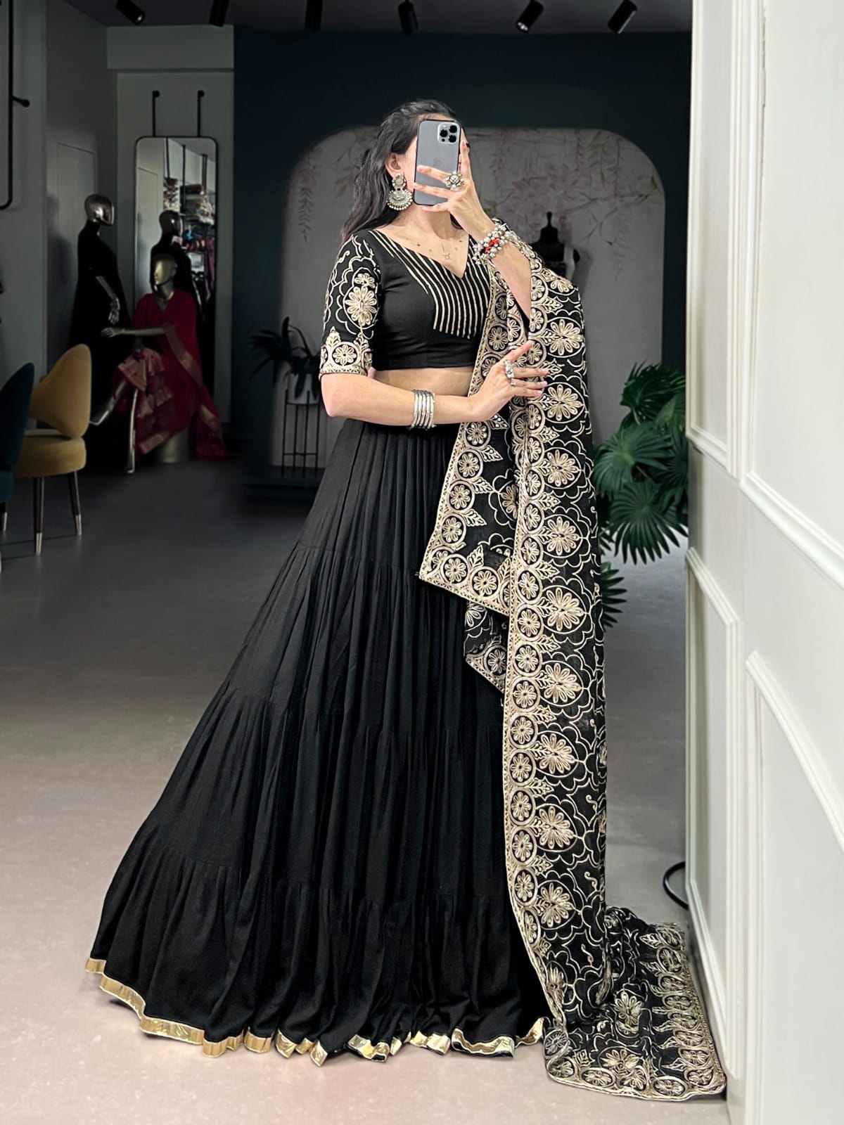 Black Rayon Navratri Lehenga with Golden Embroidery