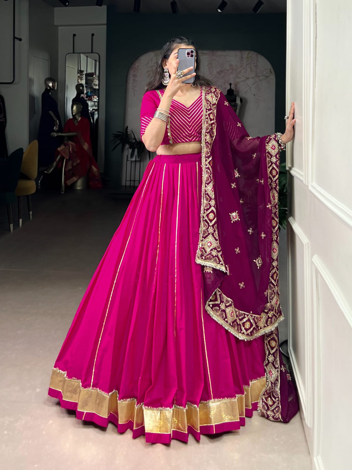 Magenta Cotton Lehenga with Embroidered Dupatta