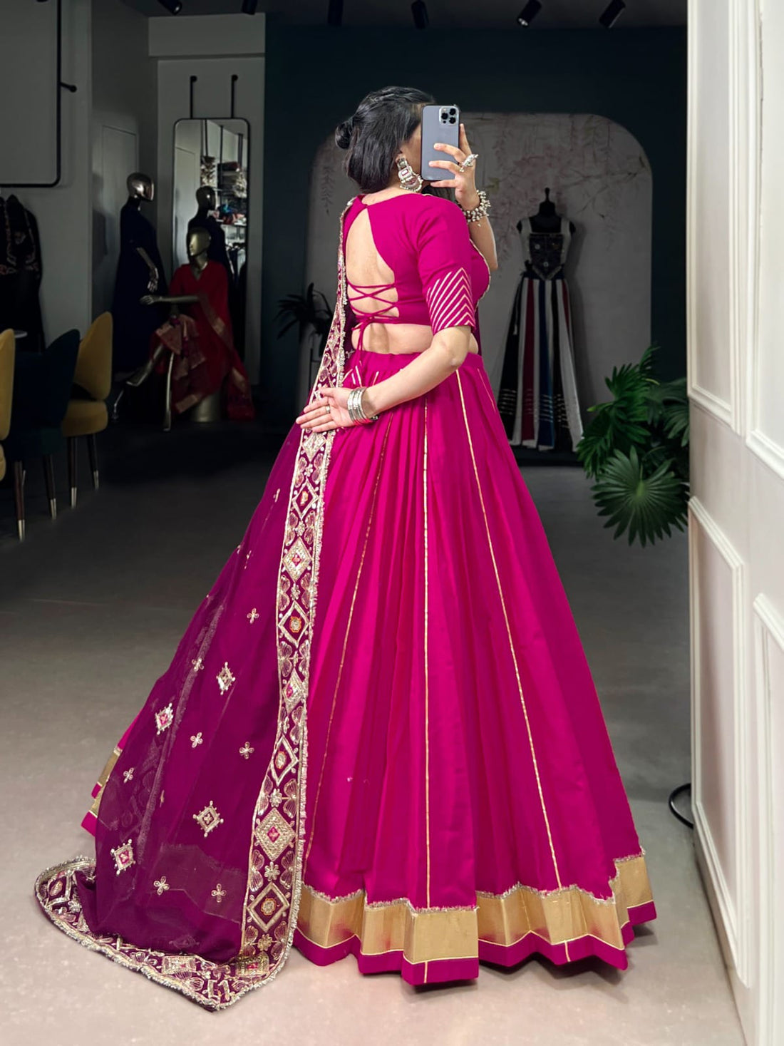 Magenta Cotton Lehenga with Embroidered Dupatta
