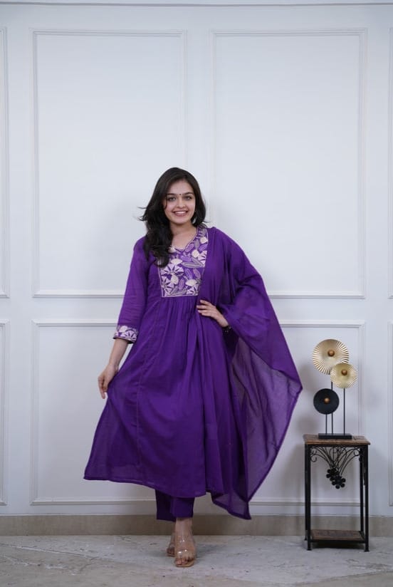 Cotton Kurti Pant Dupatta Set with Embroidery Work