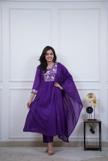 Cotton Kurti Pant Dupatta Set with Embroidery Work