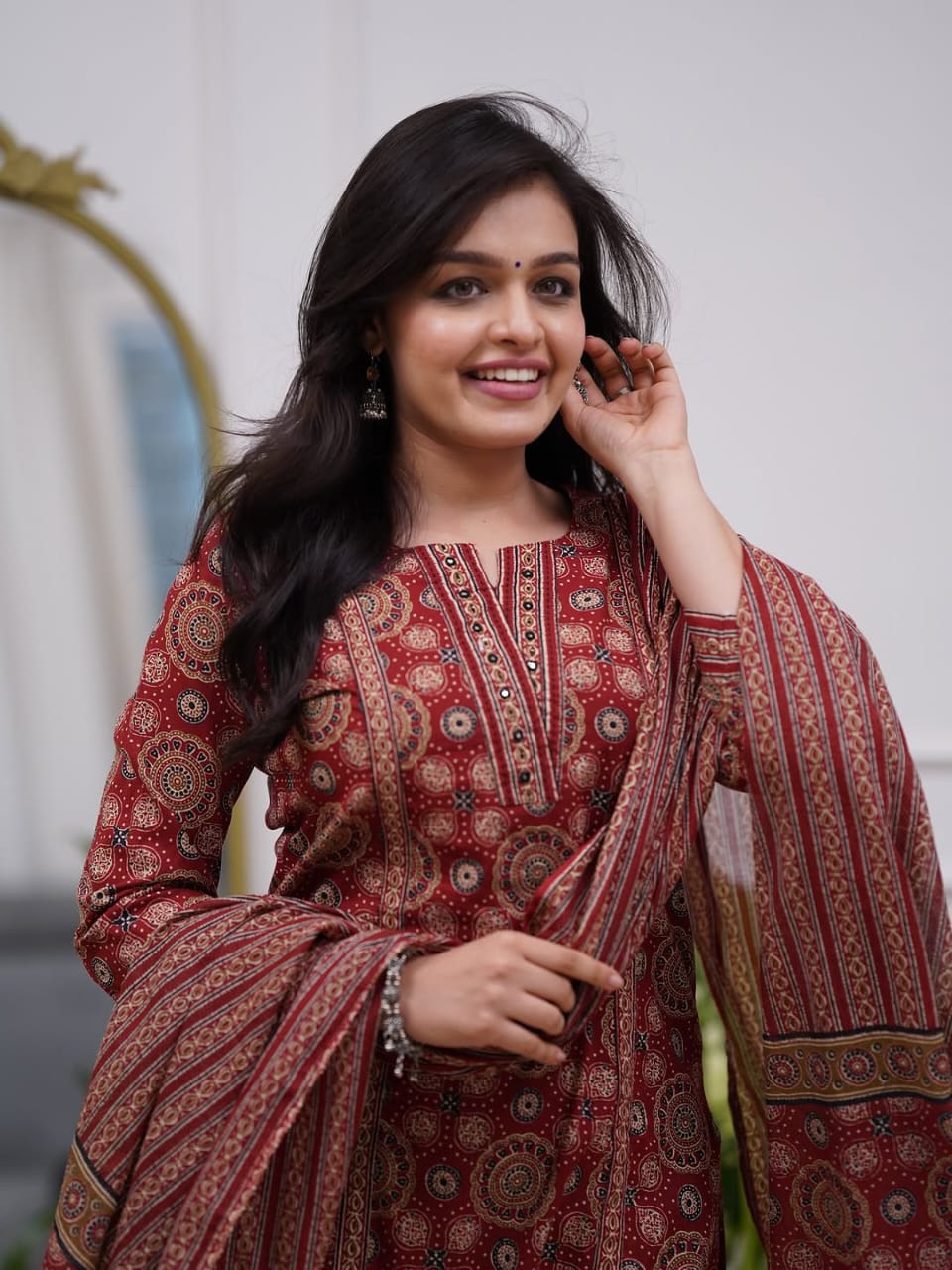 Floral Printed V-Neck Pure Cotton Kurta with Trousers & Dupatta