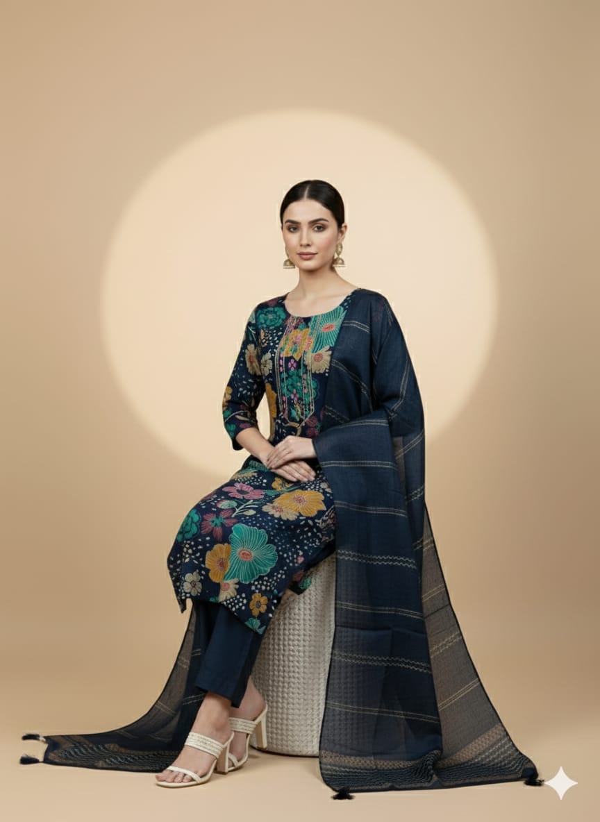 Faddism Floral Elegance Navy Blue Modal Silk Kurta Pant Dupatta Set