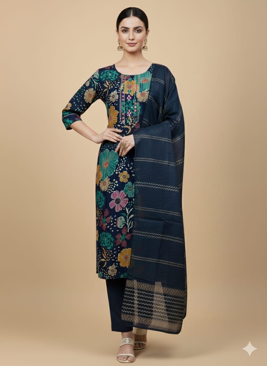 Faddism Floral Elegance Navy Blue Modal Silk Kurta Pant Dupatta Set