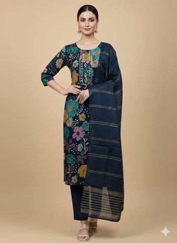 Faddism Floral Elegance Navy Blue Modal Silk Kurta Pant Dupatta Set