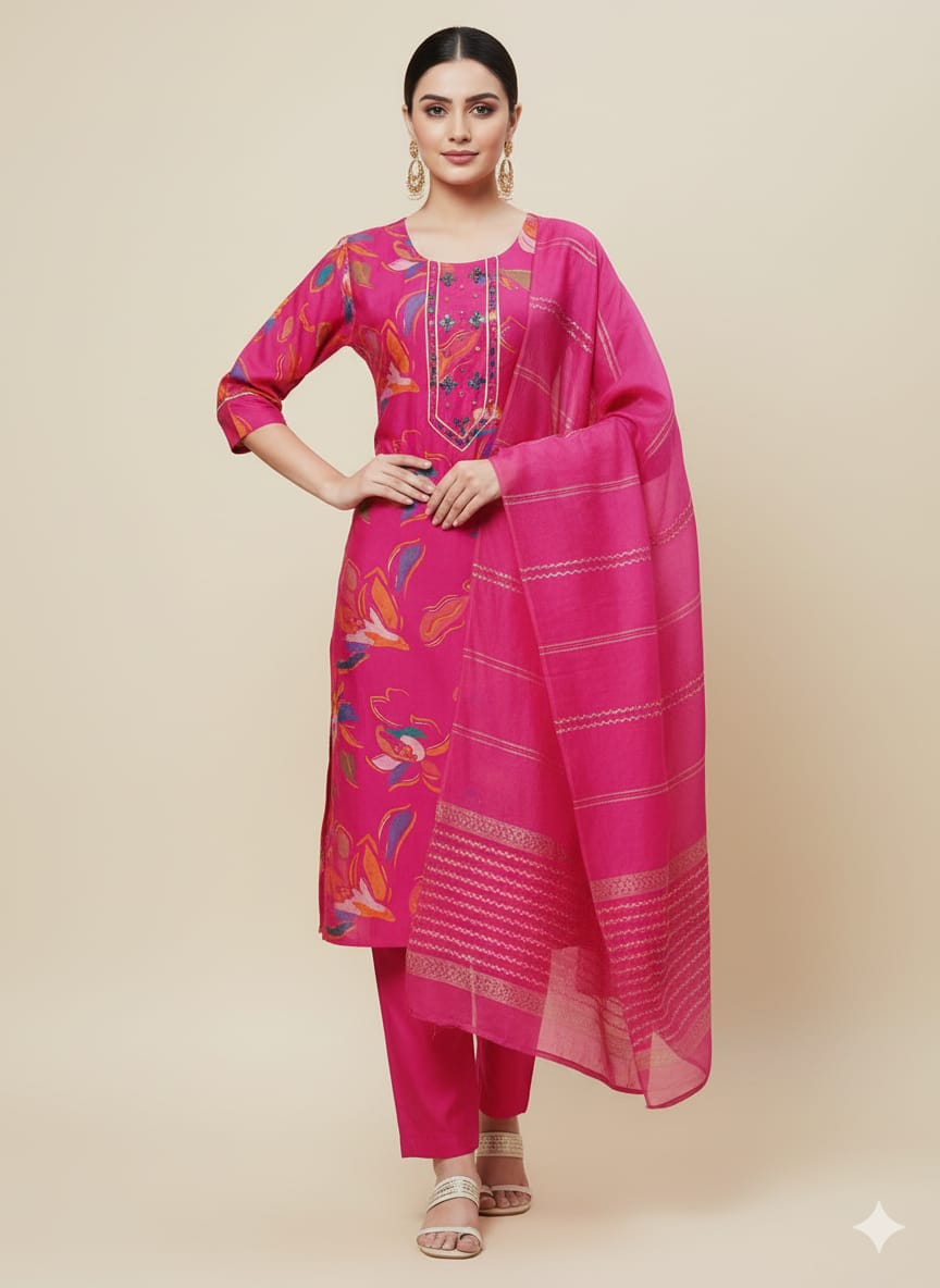 Faddism Floral Elegance Pink Modal Silk Kurta Pant Dupatta Set