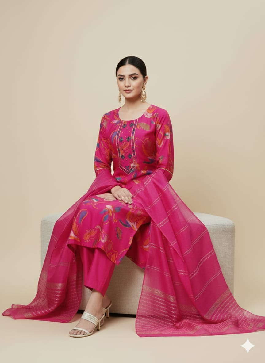 Faddism Floral Elegance Pink Modal Silk Kurta Pant Dupatta Set