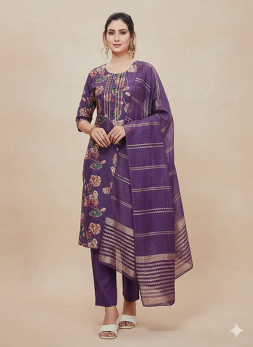 Faddism Floral Elegance Purple Modal Silk Kurta Pant Dupatta Set with Foil & Gota Patti Work