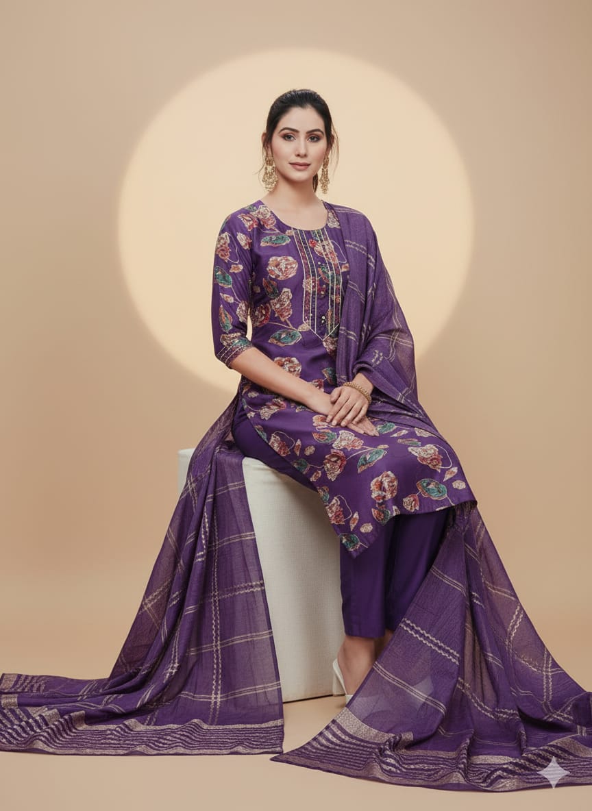 Faddism Floral Elegance Purple Modal Silk Kurta Pant Dupatta Set with Foil & Gota Patti Work