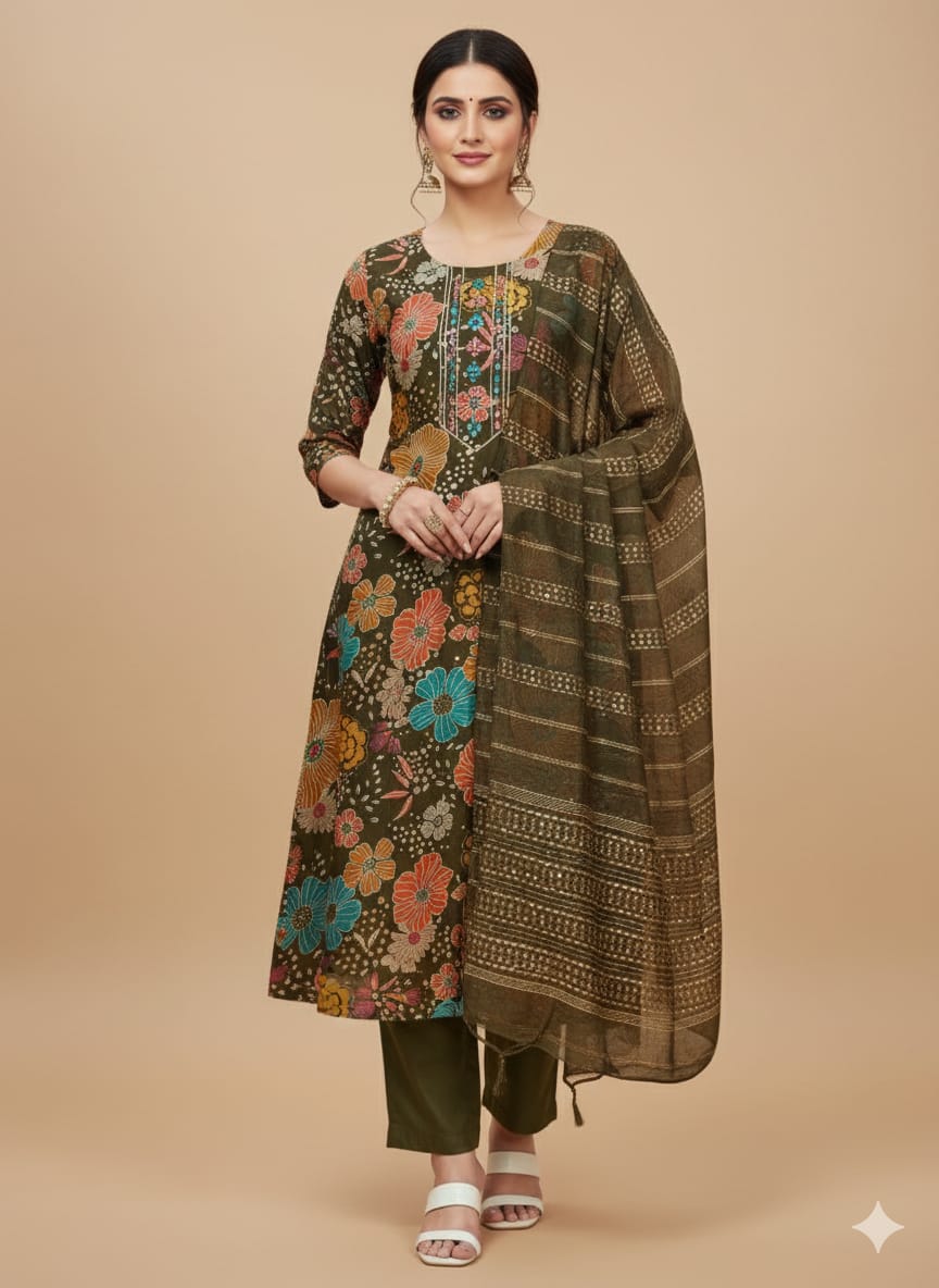 Faddism Floral Elegance Mehendi Modal Silk Kurta Pant Dupatta Set with Foil & Gota Patti Work