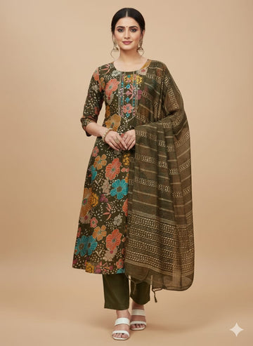 Faddism Floral Elegance Mehendi Modal Silk Kurta Pant Dupatta Set with Foil & Gota Patti Work