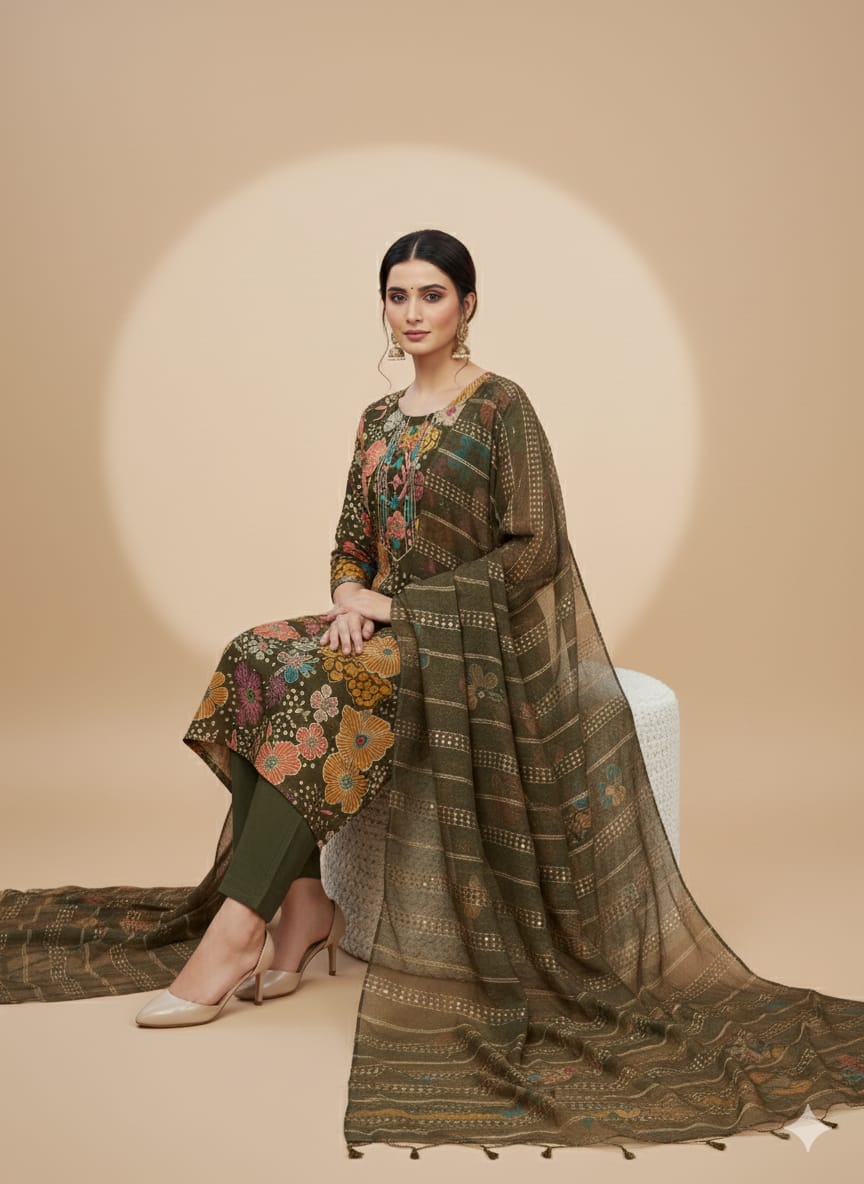 Faddism Floral Elegance Mehendi Modal Silk Kurta Pant Dupatta Set with Foil & Gota Patti Work