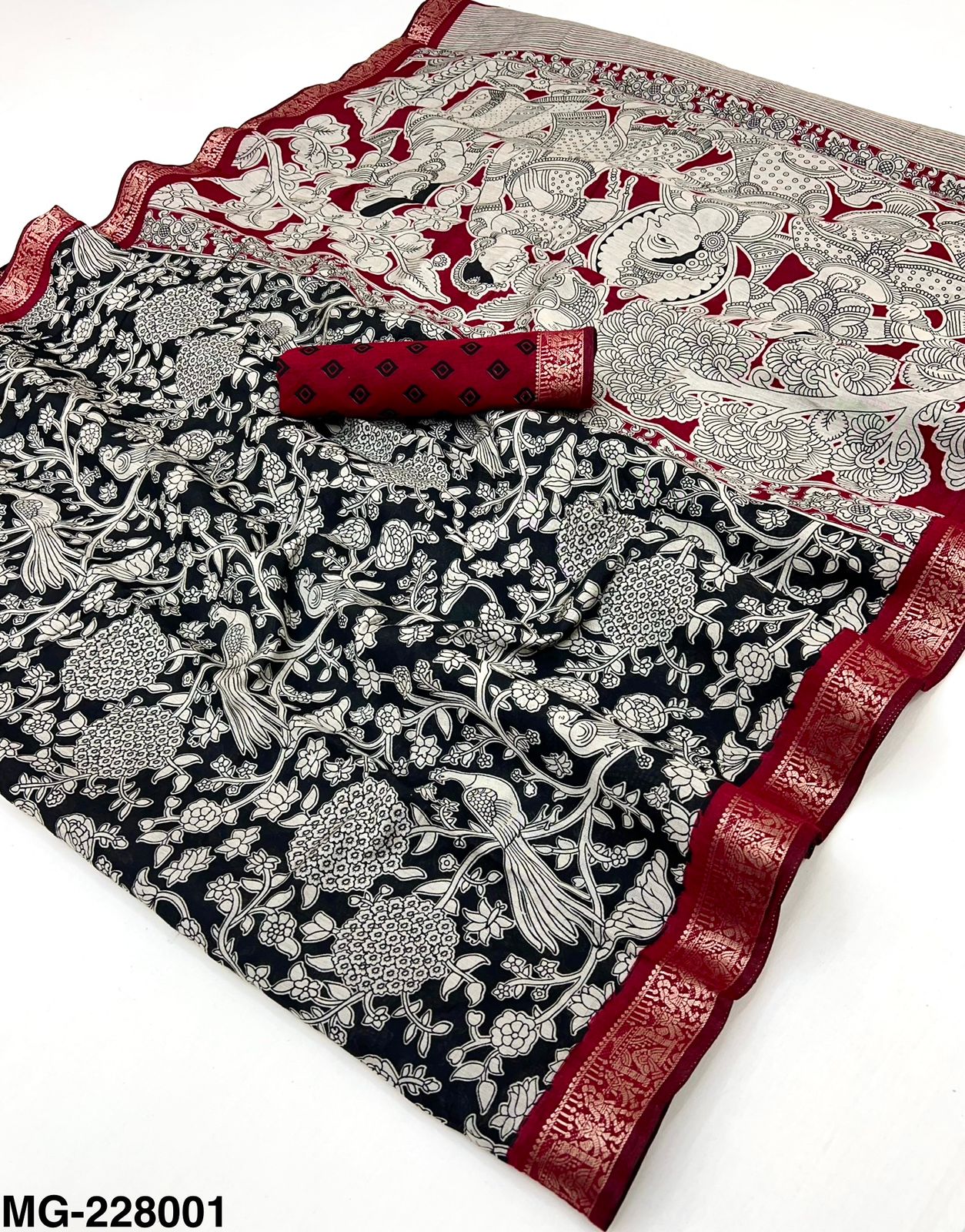 Kazari Mangalagiri Cotton Saree with Kalamkari Print & Heavy Jacquard Zari Border