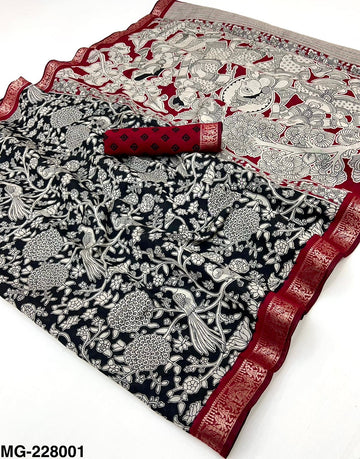 Kazari Mangalagiri Cotton Saree with Kalamkari Print & Heavy Jacquard Zari Border